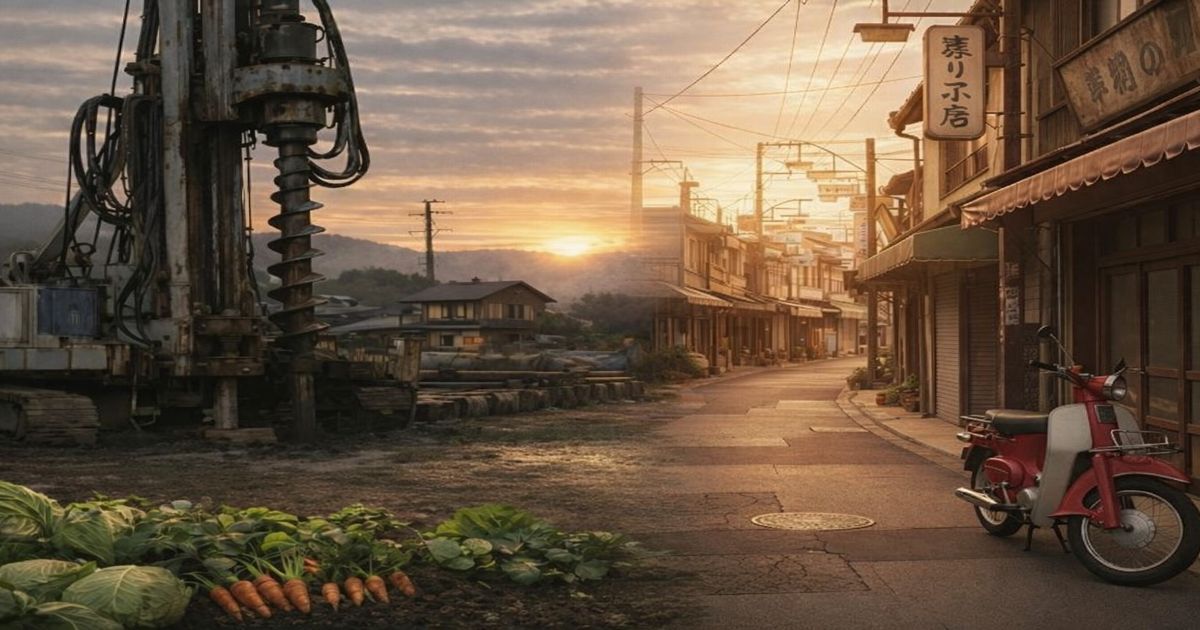 開発工事の現場と古い商店街の風景が夕暮れの光の中で対比的に描かれたイメージ