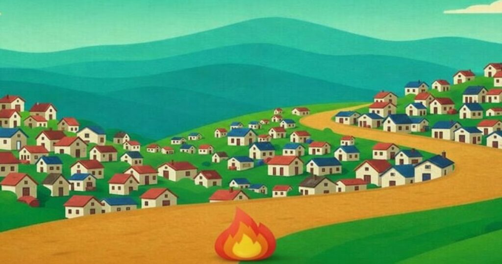 住宅が密集する地域で火災が発生している様子を示したイラスト