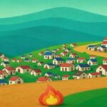 住宅が密集する地域で火災が発生している様子を示したイラスト