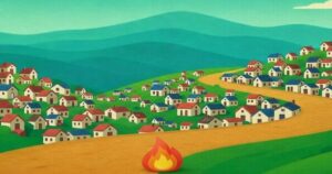 住宅が密集する地域で火災が発生している様子を示したイラスト