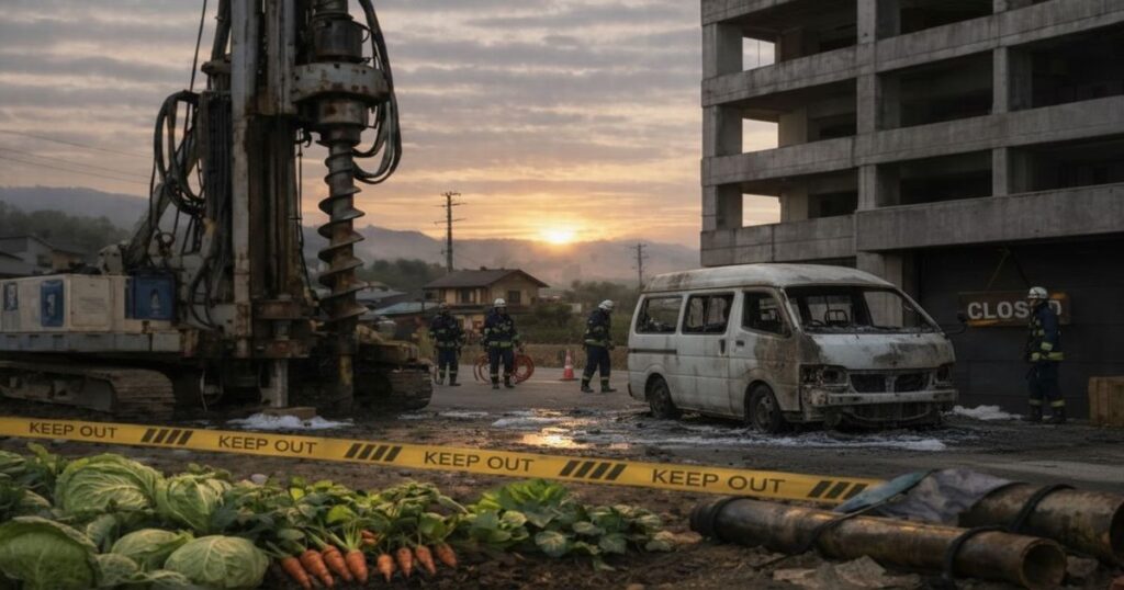 車両火災が発生した現場で焼け焦げたバンと規制線が張られた建設現場の様子