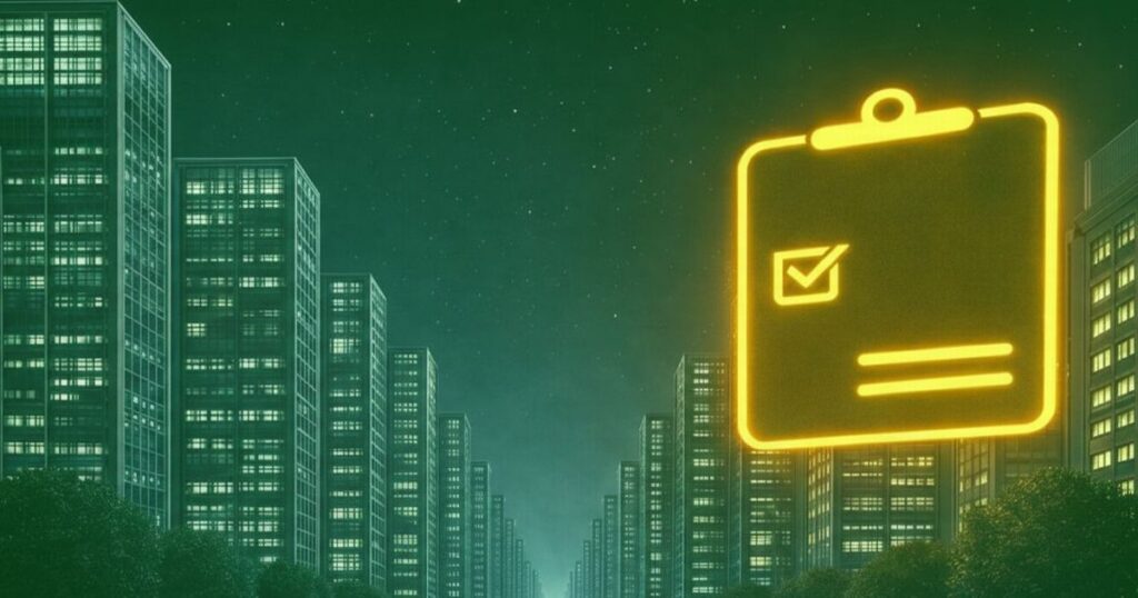 夜の都市とチェックリストのアイコン 企業や生活リスクの確認イメージ