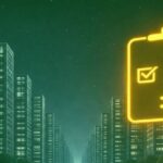 倒産前に会社が取る行動とは?兆候の順番を解説! 夜の都市とチェックリストのアイコン 企業や生活リスクの確認イメージ