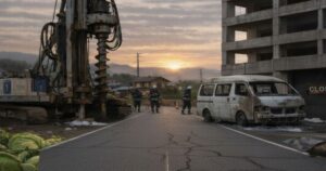 工事現場近くの道路で発生した車両火災後の現場と焼損したバン