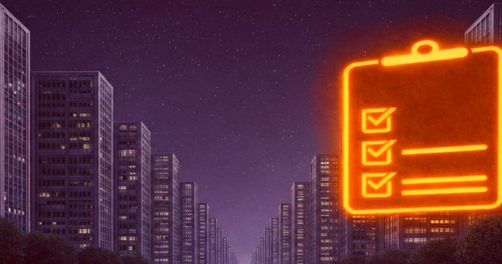 夜の都市ビル群とオレンジ色に光るチェックリストのアイコン