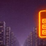 夜の都市ビル群とオレンジ色に光るチェックリストのアイコン