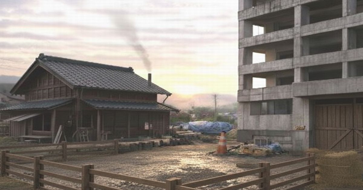 日本の農村に残る木造民家と未完成のコンクリート建物が並ぶ風景
