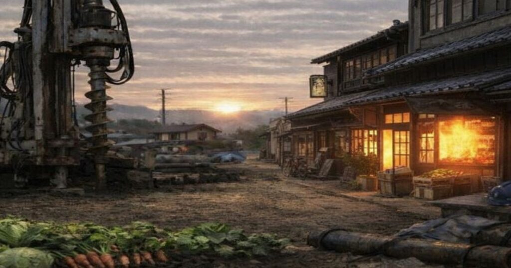 夕焼けに照らされる地方の工場と昔ながらの町並みの風景