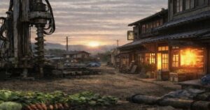 夕焼けに照らされる地方の工場と昔ながらの町並みの風景