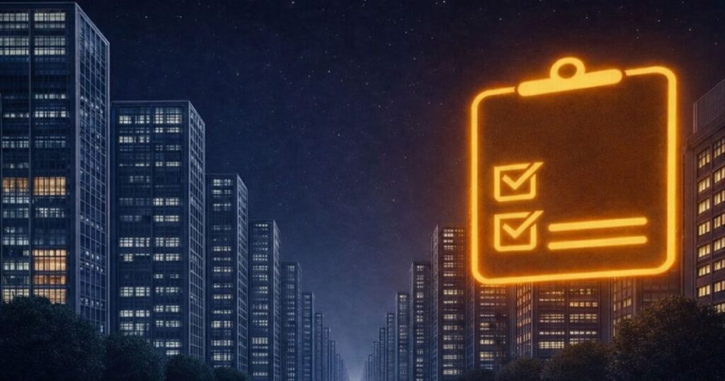 夜のビル街に浮かぶチェックリストのアイコンと企業リスク・倒産チェックのイメージ