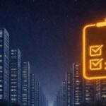 資金ショートはいつ起きる?倒産直前の実態を解説! 夜のビル街に浮かぶチェックリストのアイコンと企業リスク・倒産チェックのイメージ